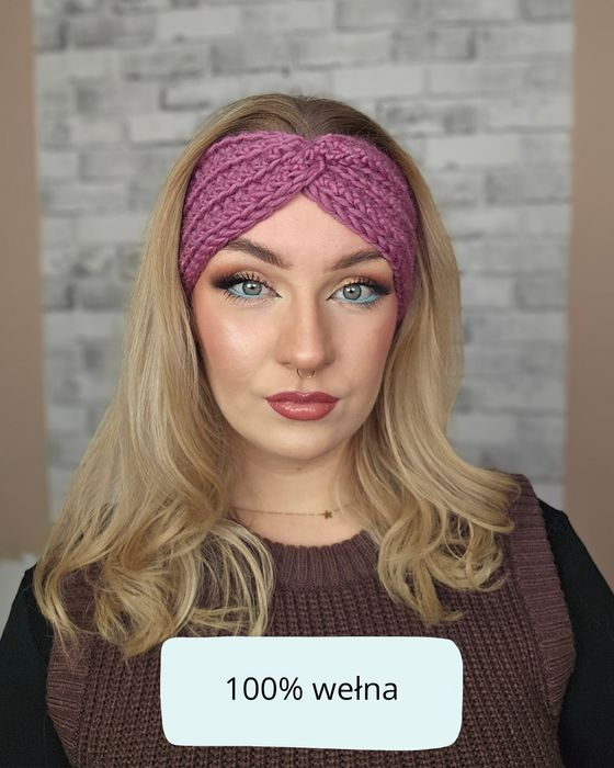 Opaska zimowa 100% wełna kolor brudny róż