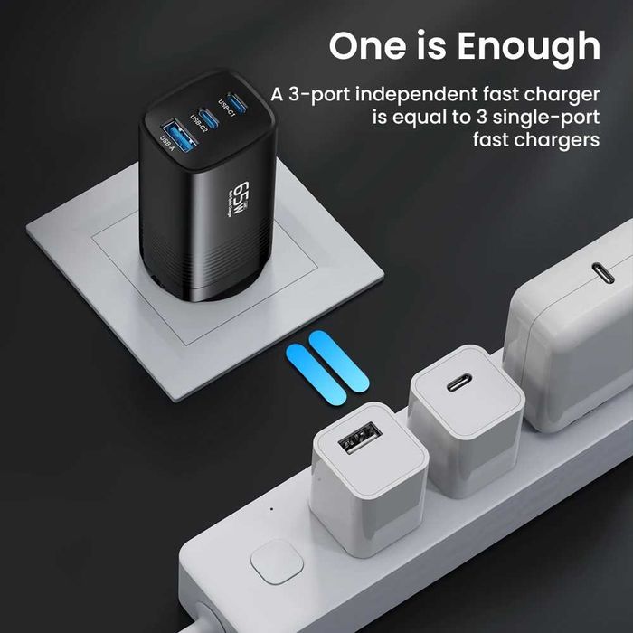 Надійна Швидка Зарядка Asometech 65W GaN USB 2C+U. Зарядка для ноутбука. Зарядка для телефону. Samsung iPhone 17 16 15 14 13 Pro MacBook