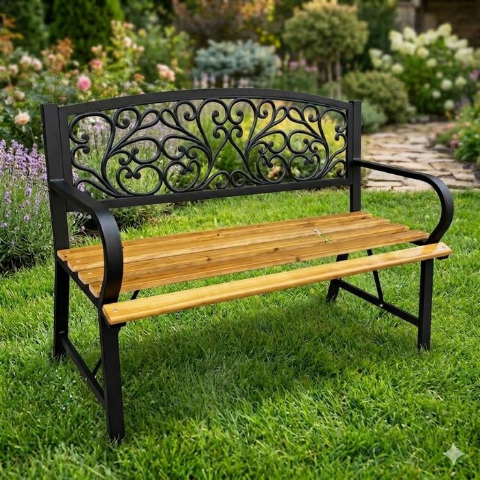 Ławka Ogrodowa Park Taras Ogród Metalowe Oparcie Drewniana Zdobiona 118 cm