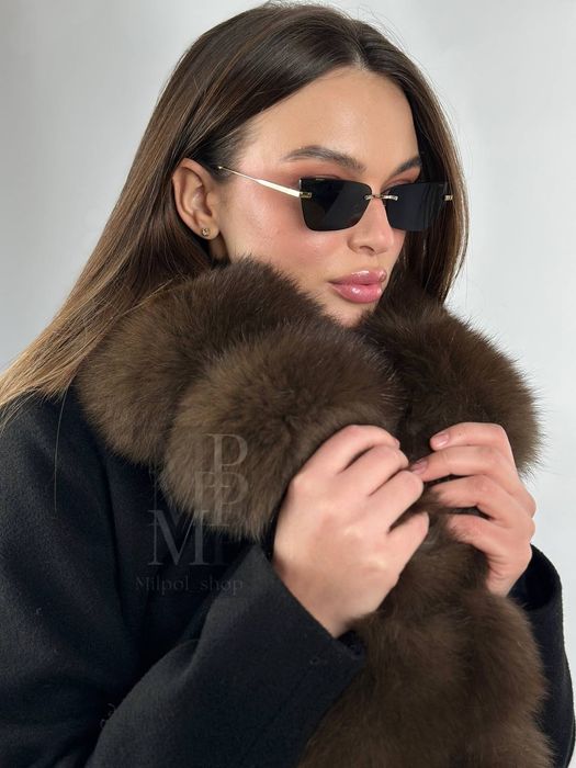 Женское чёрное пальто с натуральным мехом песца, 115 см, 42-54 размеры