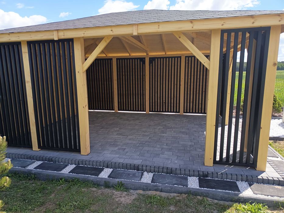 Nowoczesna altana 4x6 m, lamele, gont bitumiczny - producent