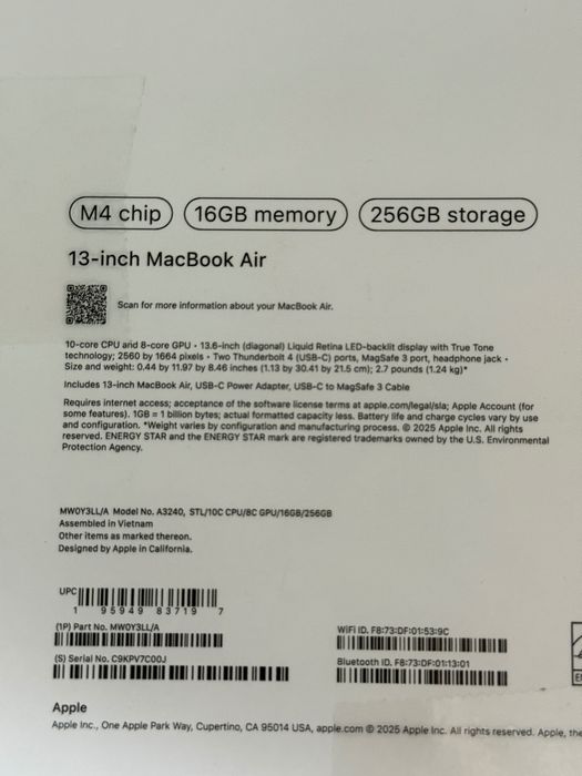 2025 MacBook Air M4 16/256GB Наявність A3240 Всі кольори TRADEN Гарант