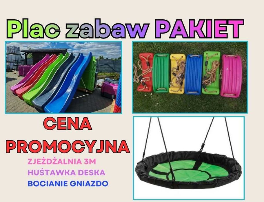 PAKIET plac zabaw zjeżdżalnia 3m huśtawka ślizg 3,2  bocianie gniazdo