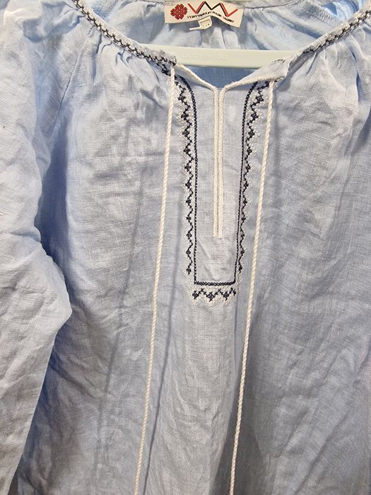 Вышиванка детская для девочки из натурального льна голубая