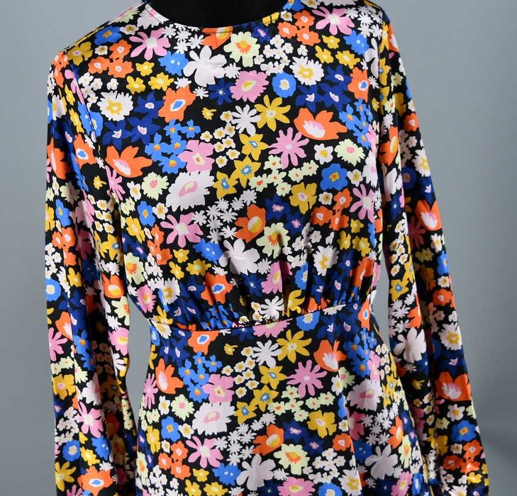 Kolorowa satynowa sukienka Vila 34 kwiaty długi rękaw nowe