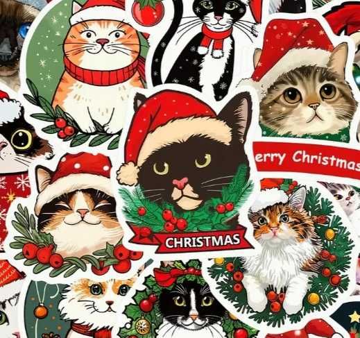 50 szt. naklejek wodoodpornych śmieszne słodkie świąteczne kotki
