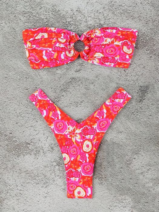 Strój kąpielowy dwuczęściowy bikini wysoko wycięte w kwiaty SHEIN L 40