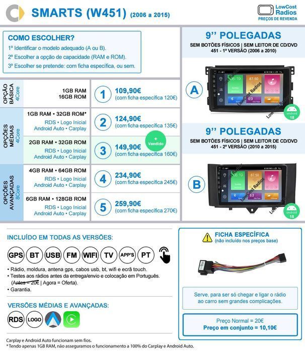 (MAIO) Rádio SMART 451 e 453 | GPS Android 15 BT USB APPS WIFI