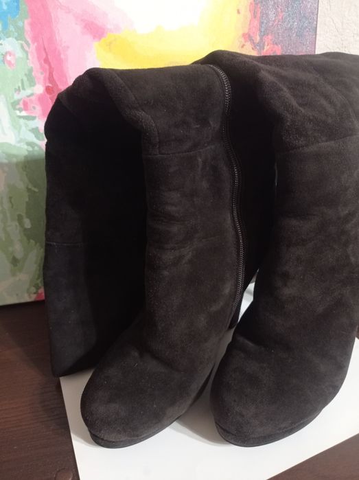 Замшеві чоботи ботфорти коричневі єврозима