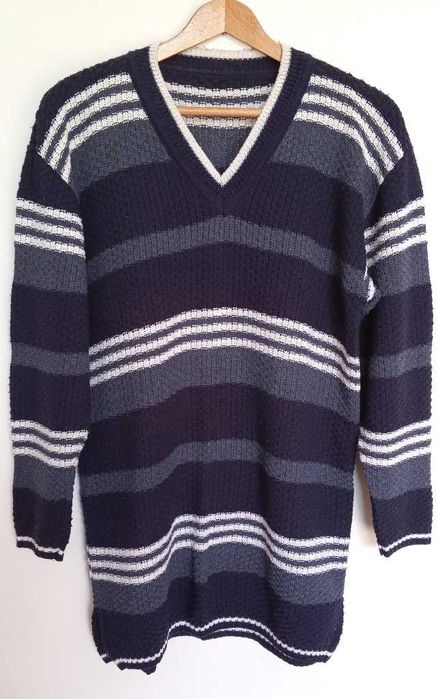 Długi granatowy sweter w paski L 40 vintage