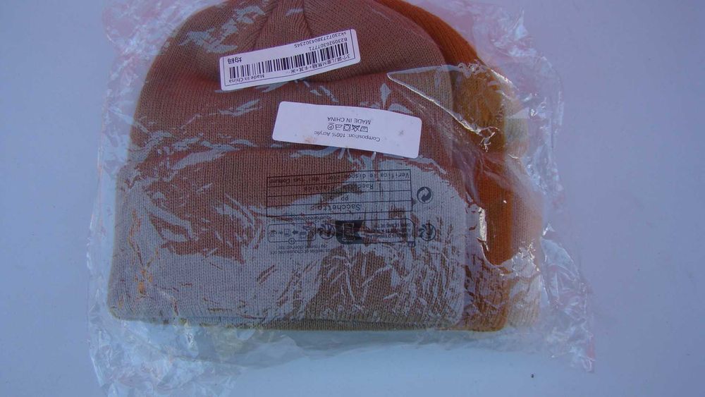 Komplet 3 czapek beanie prążkowane beż brąz rudy akryl – nowe