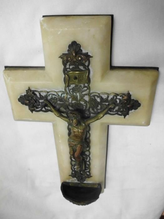 antiga pia de Água Benta em metal filigrana sob mármore-Art Nouveau