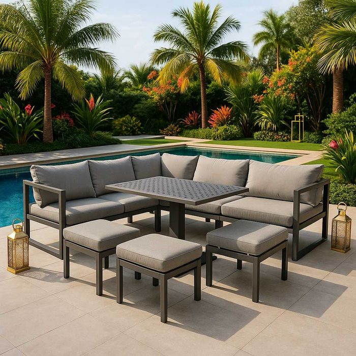 Narożnik Ogrodowy Tarasowy Nowoczesny Zestaw z Pufami Szary