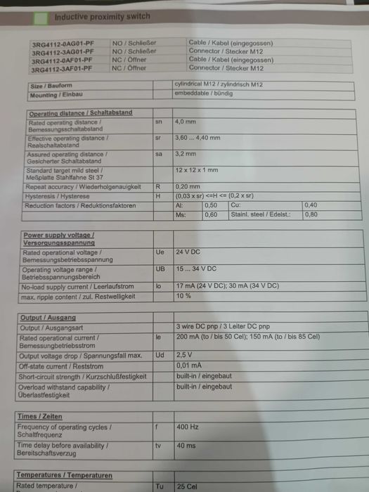 Sensor indutivo 12mm pnp 24vdc SIEMENS