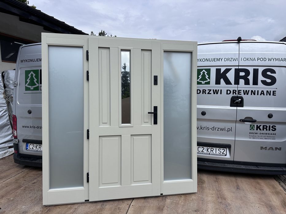 Drzwi zewnętrzne drewniane z doświetlami Na wymiar montaż Cała Polska