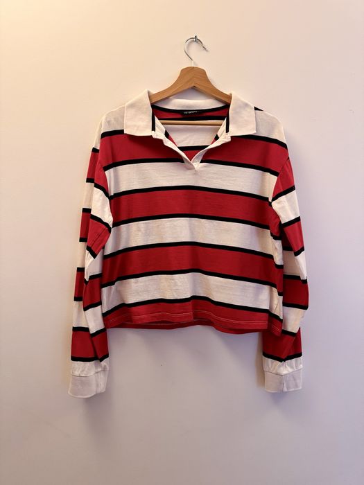 Terranova Polo Longsleeve w Paski Bawełna L 40 Czerwona Biała Crop Polo Stan Idealny