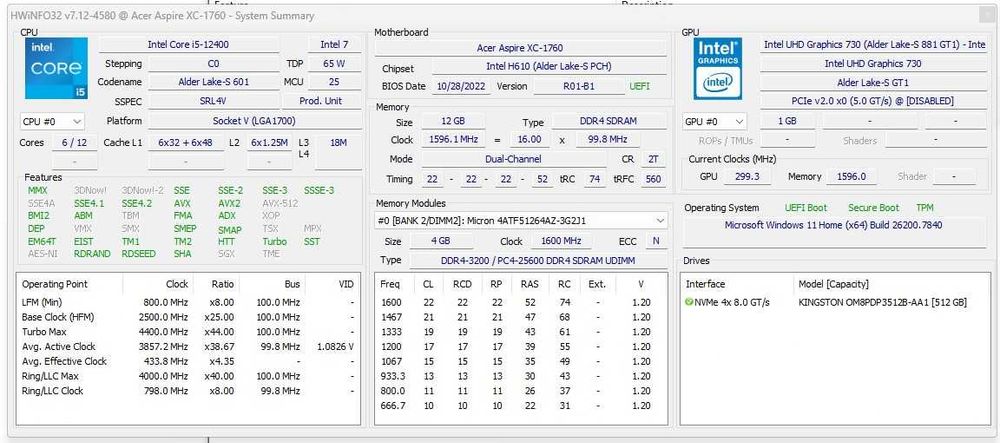 Torre Desktop Acer XC-1760 i5-12400