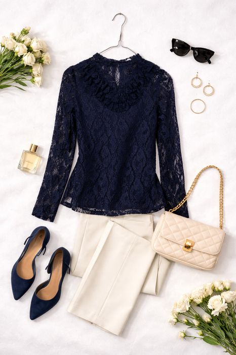 Granatowa koronkowa bluzka ze stójką XS 34