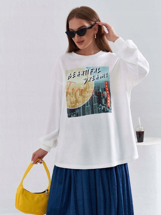 Bluza Oversize Casual Z Nadrukiem Biała M 38
