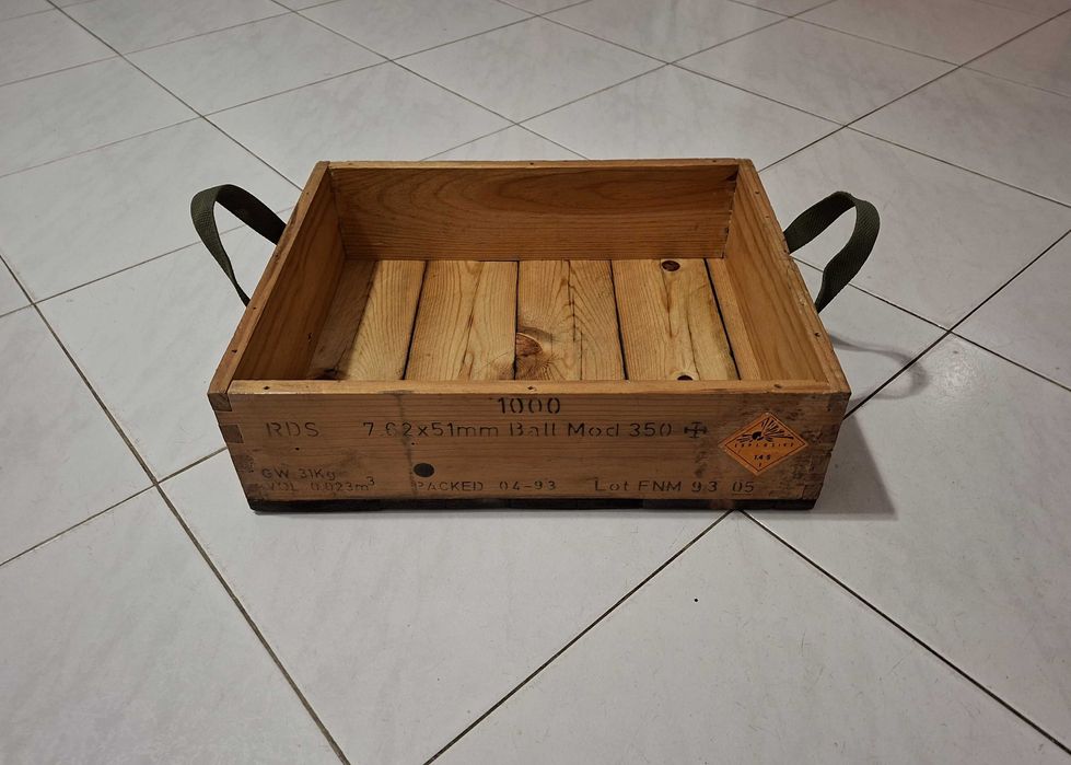 Caixa de munições militares de 7.62mm (G3), VAZIA, decorativa - 1993