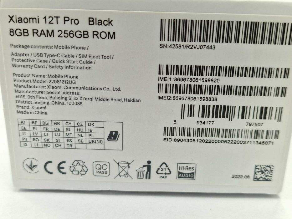 Xiaomi 12T Pro 5G/ 8GB/ 256GB/ Black/ Grade A-/ +Ładowarka i GW6msc