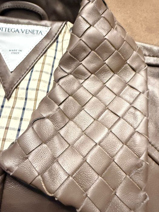 Чоловіча шкіряна куртка-бомбер Bottega Veneta Intrecciato Collar Brown (Коричнева брендова куртка з натур. шкіри) XL
