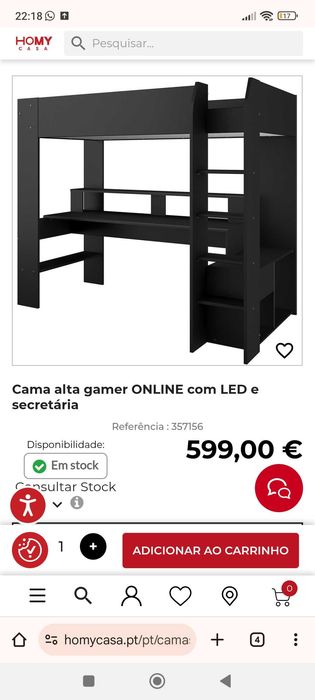 Cama elevada com secretária LED's
