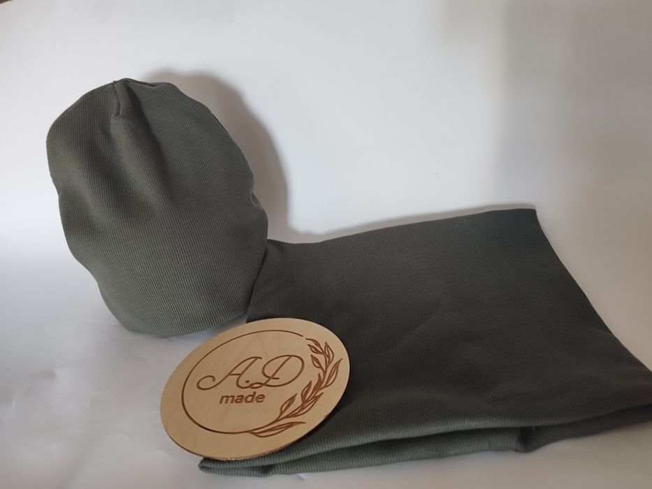 Komplet zestaw czapka komin bawełniany prążek damski męski Khaki