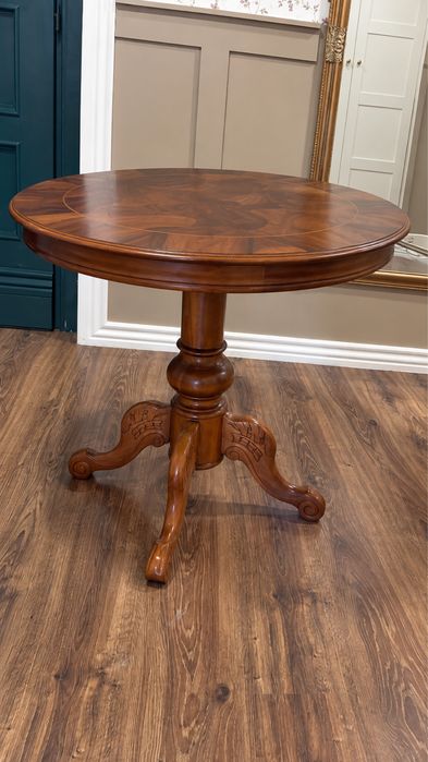 Piękny okrągły stolik vintage Ludwikowski z intarsją Ø80 cm