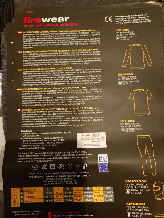 Bielizna termoaktywna, trudnopalne i antystatyczna Brubeck PROTECT LS1