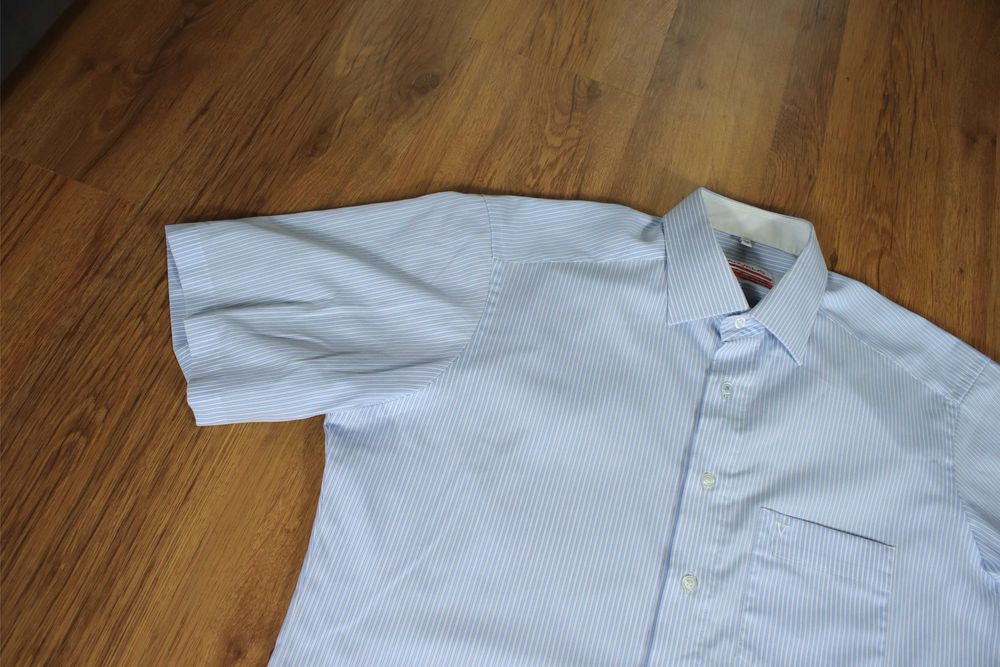 Koszula Marvelis r. 43 slim fit niebiesko-biała paski bawełna krótki rękaw