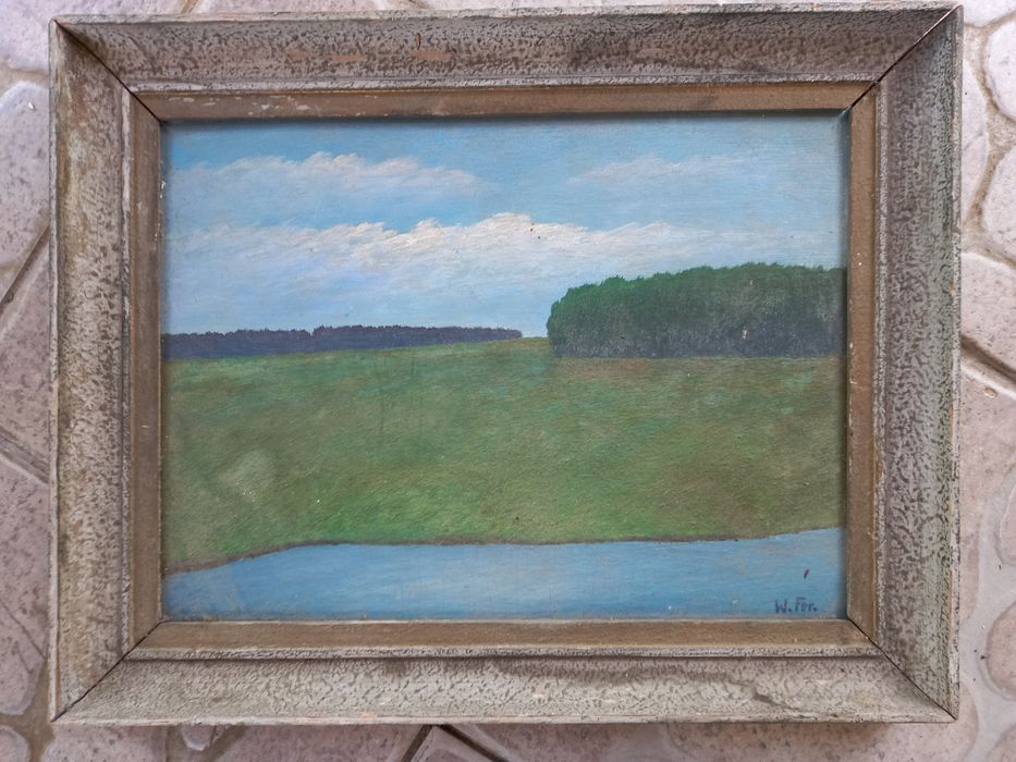Stary obraz pejzaż woda las niebo W.For. 47x37[cm] z ramą