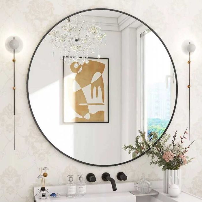 Nowoczesne LUSTRO OKRĄGŁE 60cm Loft Czarne Wiszące Metalowe (GRATIS)