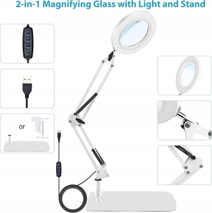 LED Lampa powiększająca 10-krotnie, 3 tryby kolorów