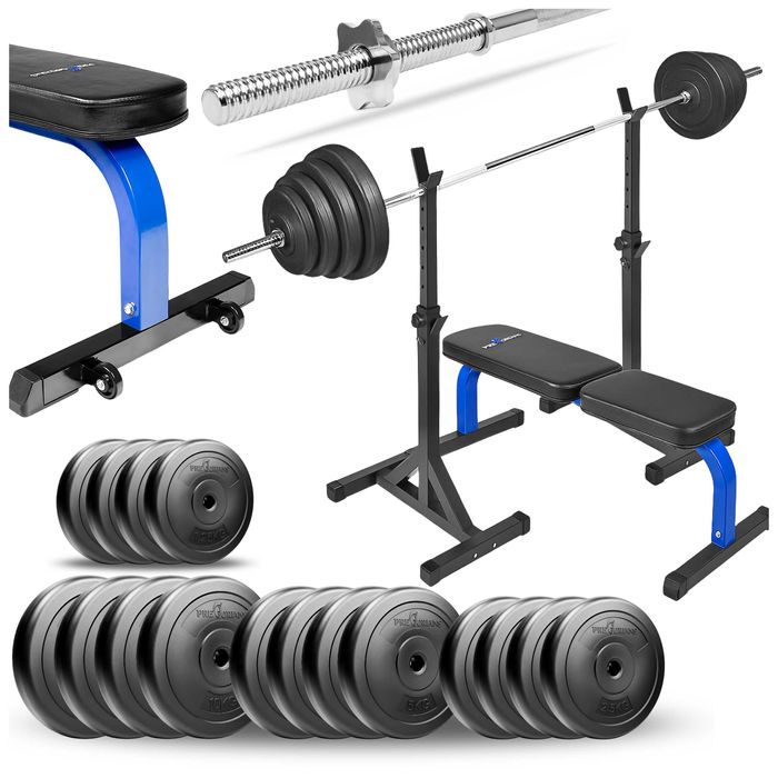 Zestaw do ćwiczeń 109kg ławka treningowa gryf krążki siłownia domowa