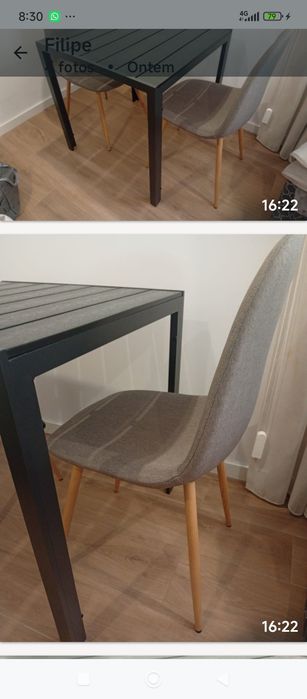 Mesa quadrada metal e 2 cadeiras em tecido cinzento