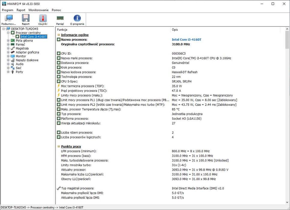 Procesor Intel Core i3-4160T 4th 4gen 3,1 GHz sprawny CPU 1150 TDP 35W