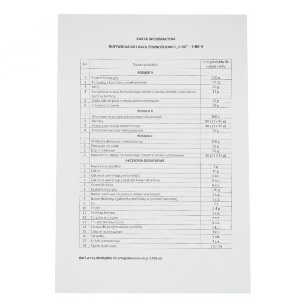 Dobowa indywidualna racja żywnościowa S-RG-4