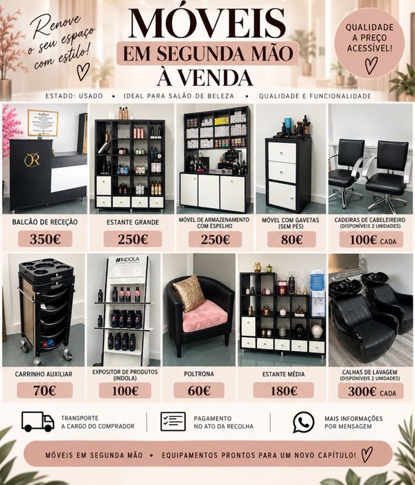 Móveis e equipamentos de cabeleireiro – segunda mão