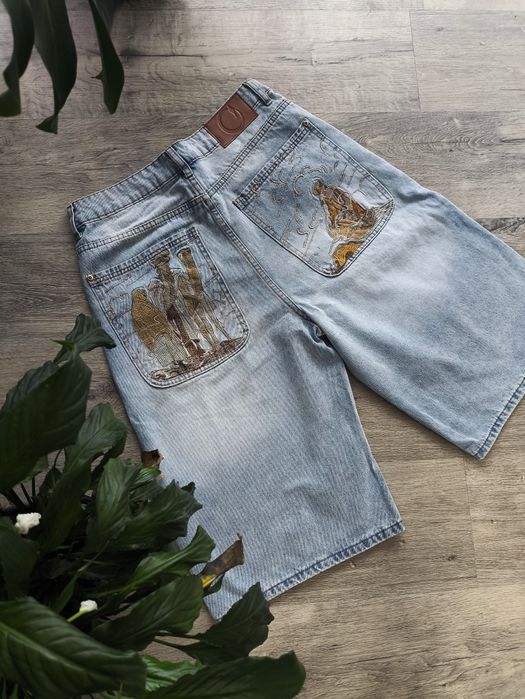 Jeansowe spodenki z grafiką premium marki Derschutze streetwear baggy rozmiar S unisex stan nowy