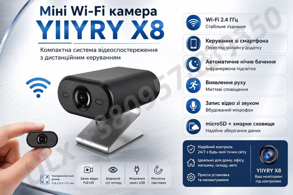Міні Wi-Fi камера YIIYRY X8 — Full HD, Wi-Fi 2.4 ГГц, нічне бачення, датчик руху, звук, перегляд зі смартфона, запис на microSD та у хмару.