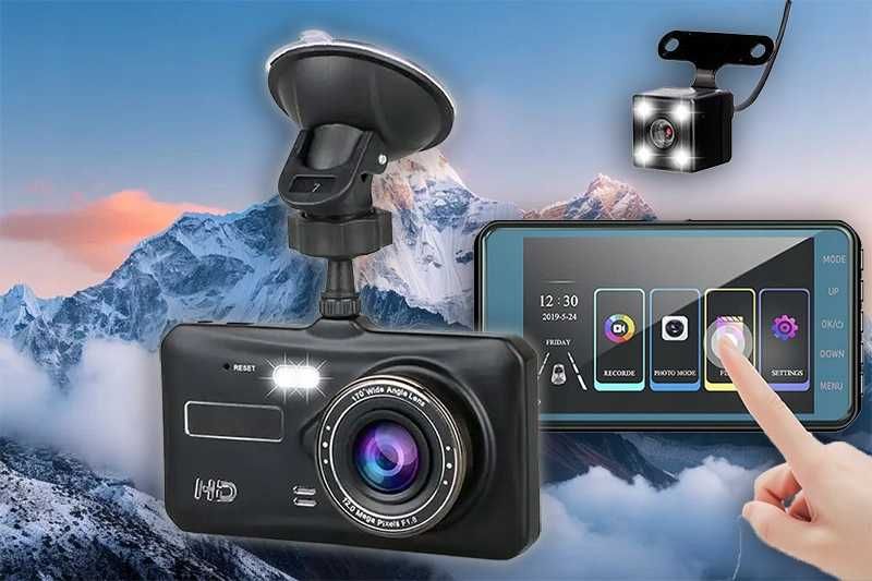 Wideorejestrator dotykowy 4" FHD szerokokątny kąt 170° przód 120° tył