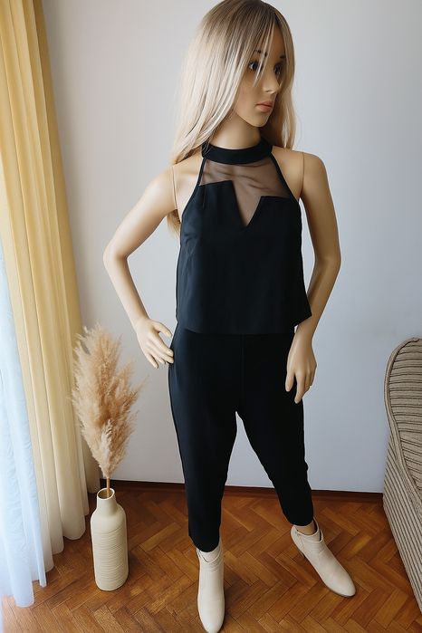 Czarny kombinezon GUESS S elegancki z siateczką  wieczorowy, seksowny,