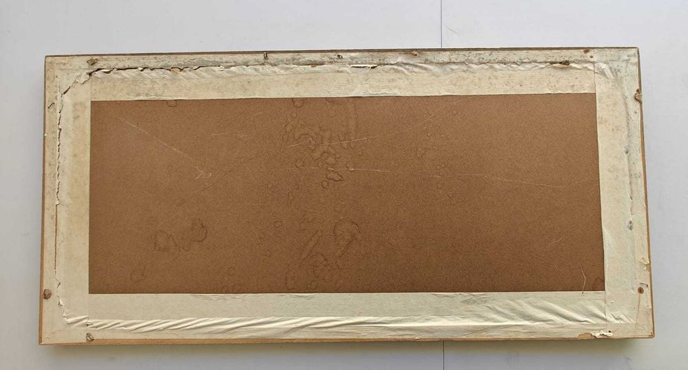 Quadro vintage grande (paisagem azul, casal e flor central)