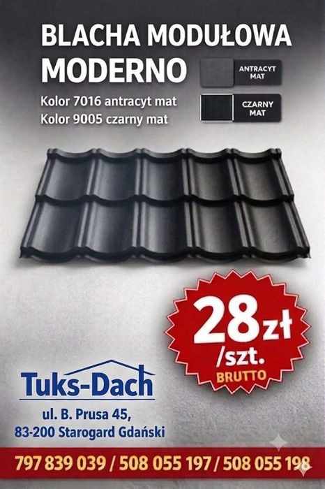 Blachodachówka modułowa MODERNO – 25 zł/szt. – antracyt / czarny mat