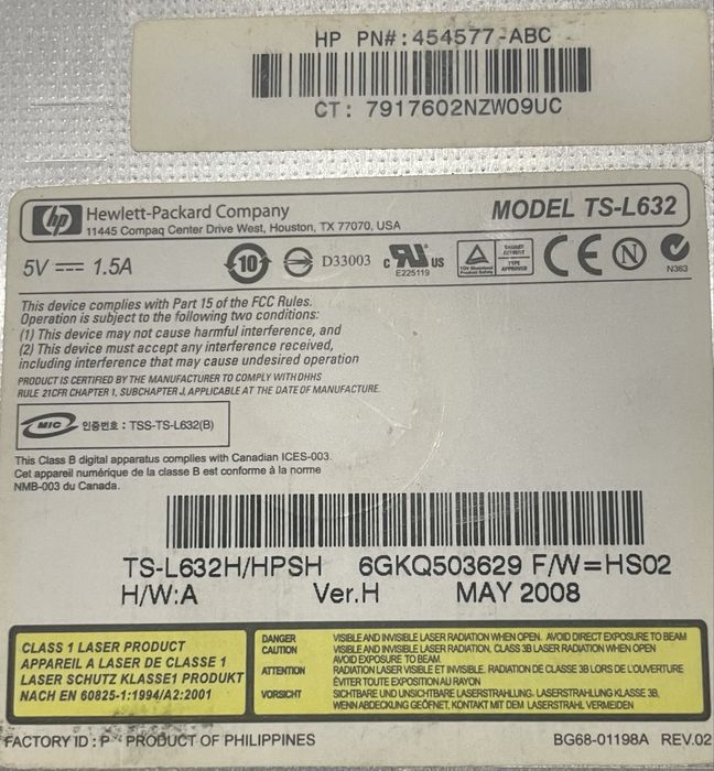 Leitor DVD/CD Rewriter HP (Model: TS-L632)