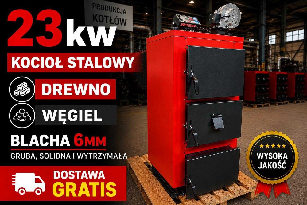 Kocioł Piec C.O. 23kW na drewno i węgiel, PRODUCENT Pleszew Dostawa 48h 35lat w branży