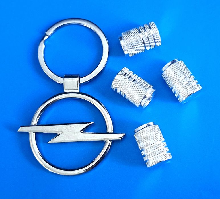 ** NOWY Breloczek OPEL + Nakrętki na wentyle srebrne komplet tuning