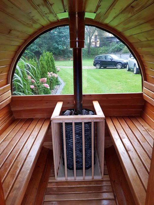 Sauna ogrodowa drewniana z tarasem beczka piec drewno 2,5m szyba 50%