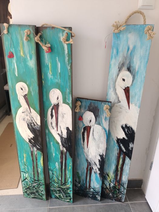 Boćki malowane na sosnowych deskach